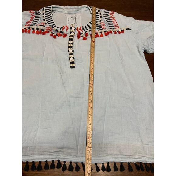 Johnny Was Embroidered Southwestern Boho Hippie Gauzy Top Women Medium Tassle - Picture 6 of 12